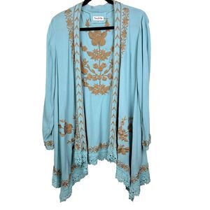 Time For Me Blue Floral Embroidered Open Front Waterfall Cardigan Jacket Women S